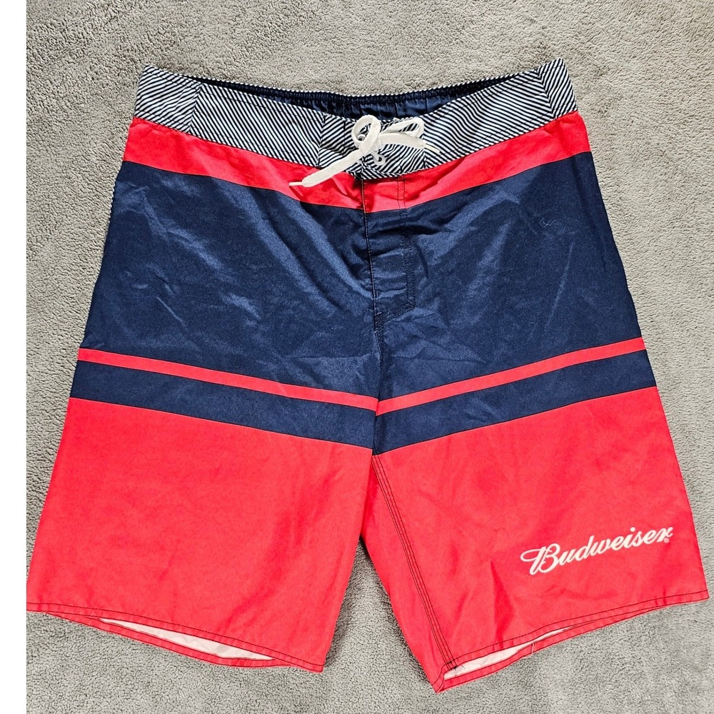 Budweiser Mens Board Shorts Red Navy Blue Striped Swim Trunks Size 34/35